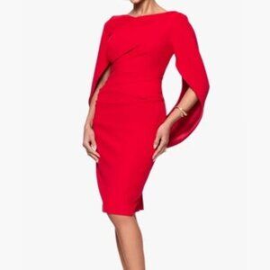 Betsy & Adam Red Cape Sleeve Crepe Sheath Dress